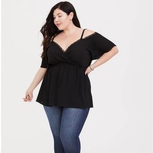 LACE TRIMMED COLD SHOULDER SURPLICE TOP